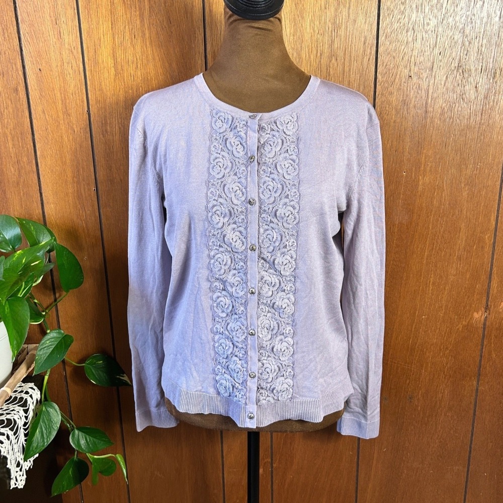 Vintage Peck & Peck Silk Blend Lavender Lace‎ Rose Embellished Button Cardigan